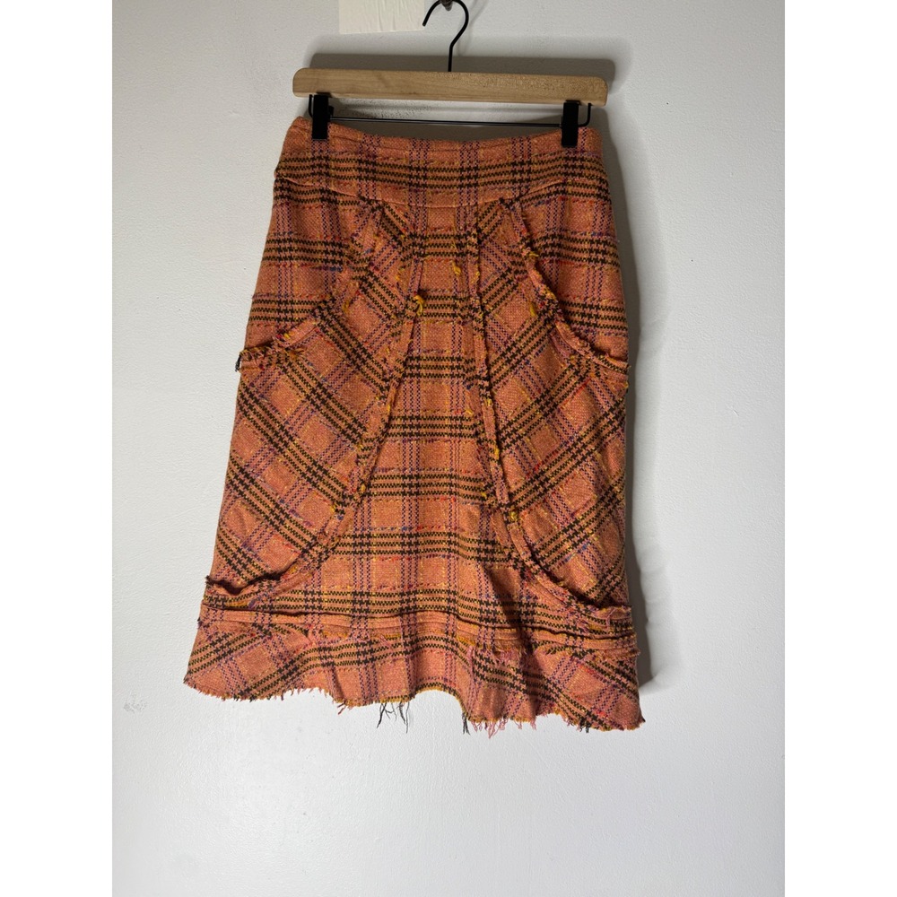 Anthropologie elevenses Orange Pink Plaid Wool Blend Fringe A-Line Skirt Size 0